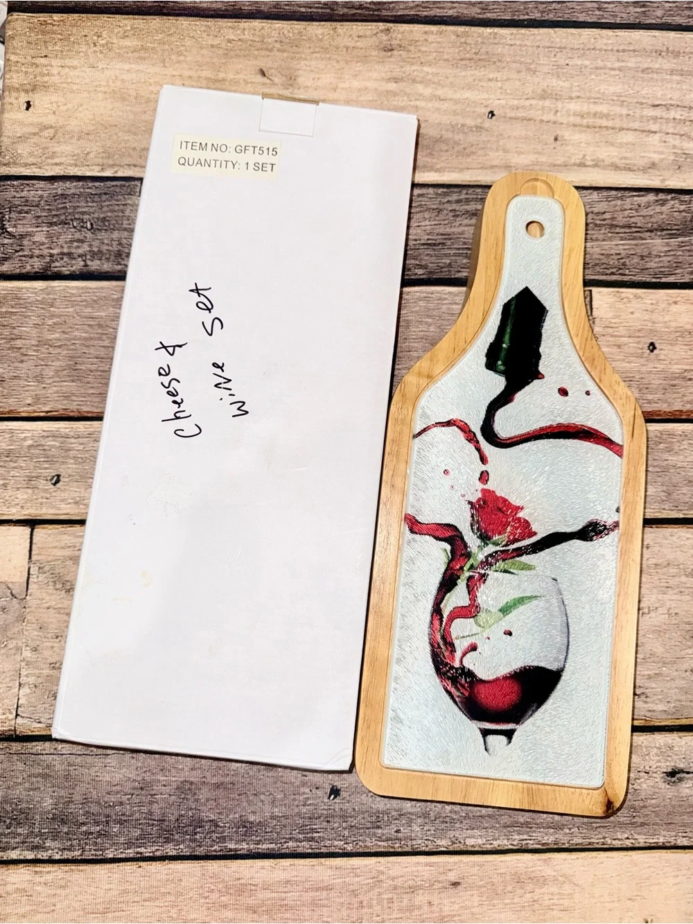Wine & Cheese Glass Cutting Board Wood Box Gift Set- NEW